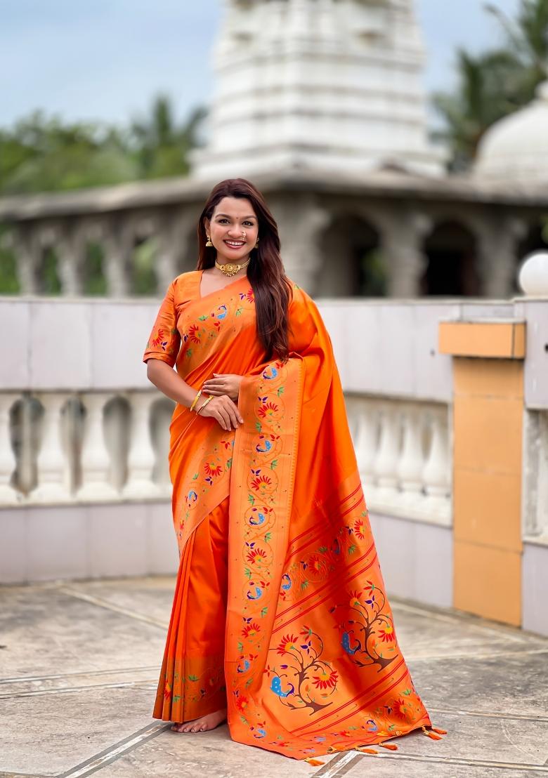 Orange Zari Work Banarasi Saree Set - Indya