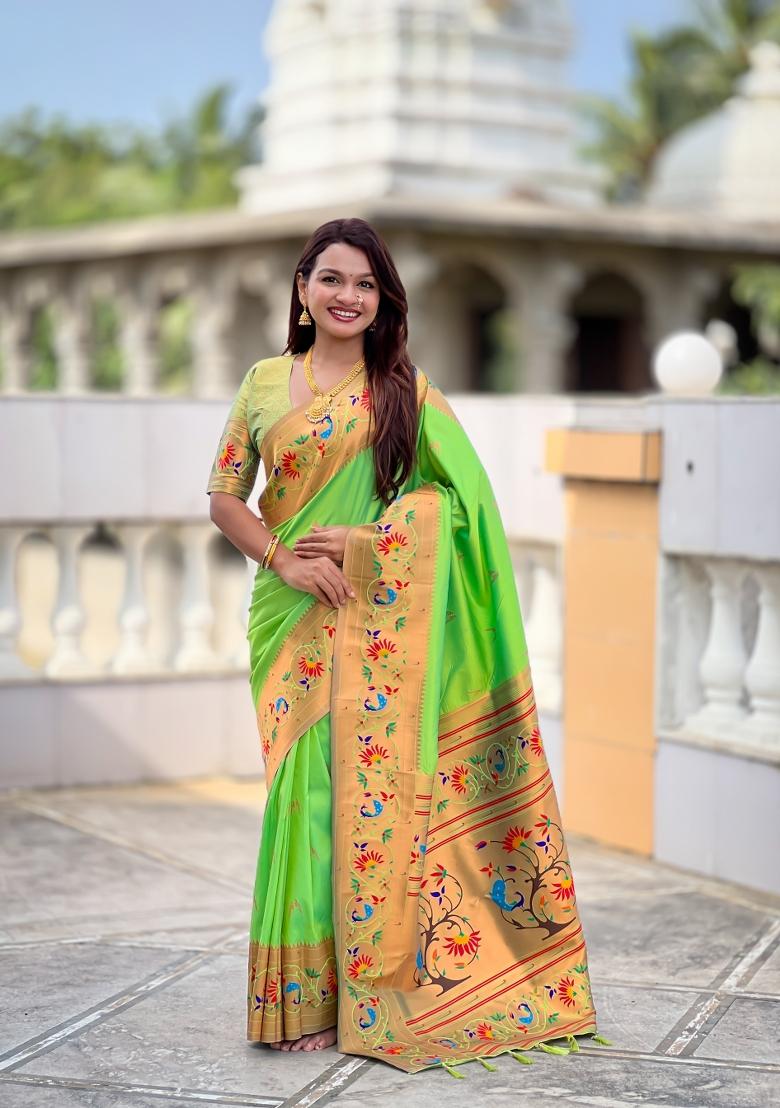 Parrot Green Zari Work Banarasi Saree Set - Indya