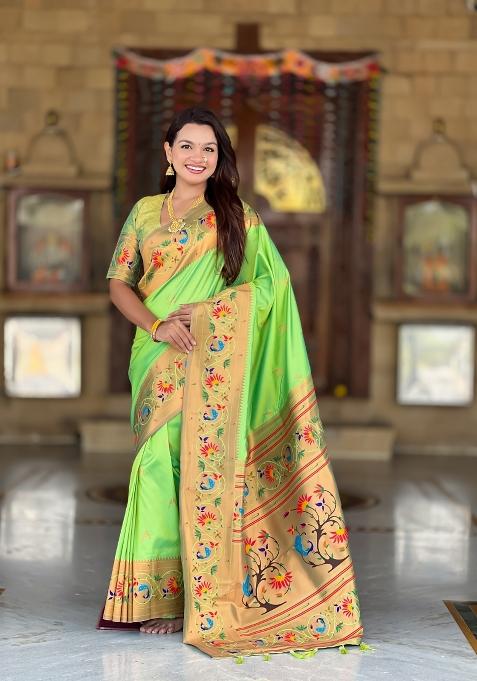 Parrot Green Zari Work Banarasi Saree Set