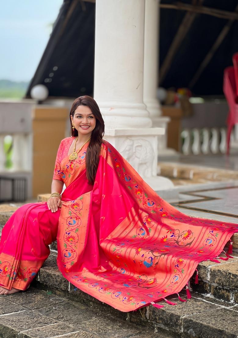 Pink Zari Work Banarasi Saree Set - Indya