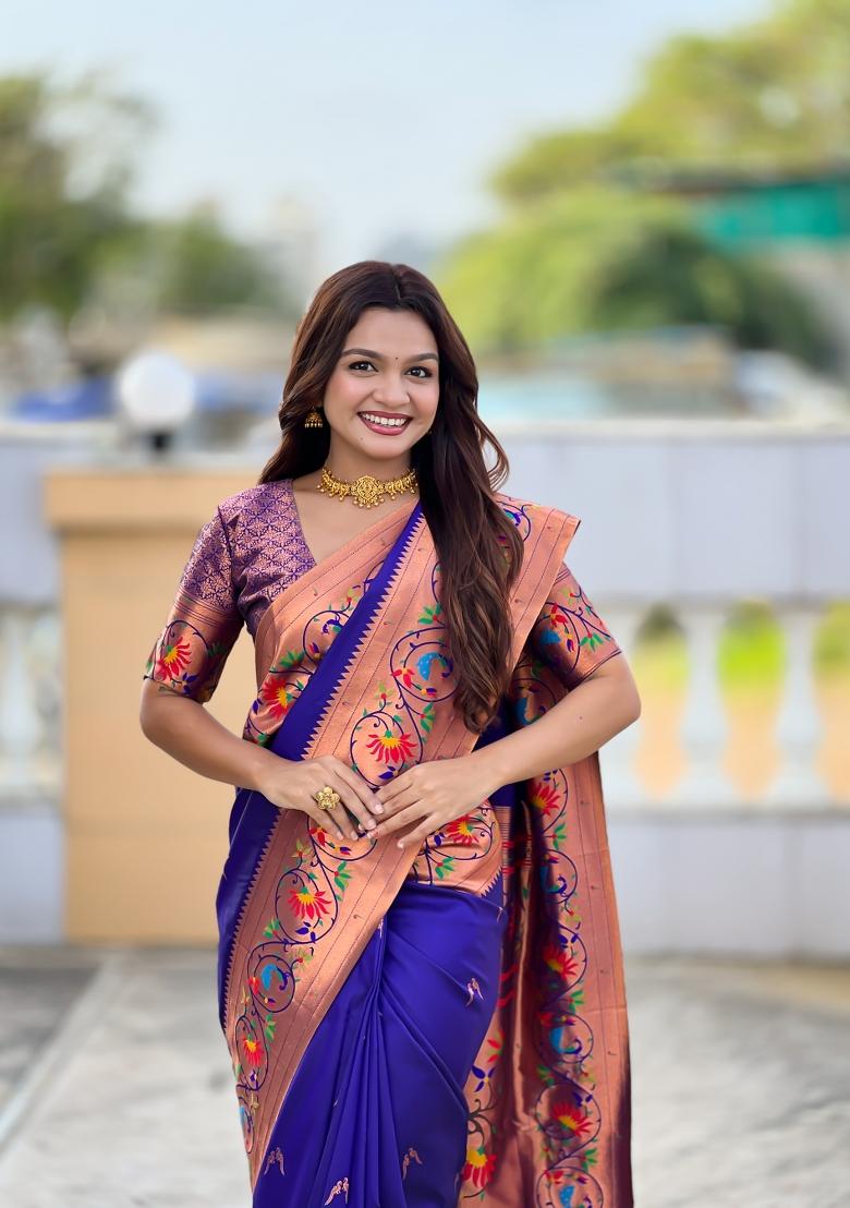 Violet Zari Work Banarasi Saree Set - Indya