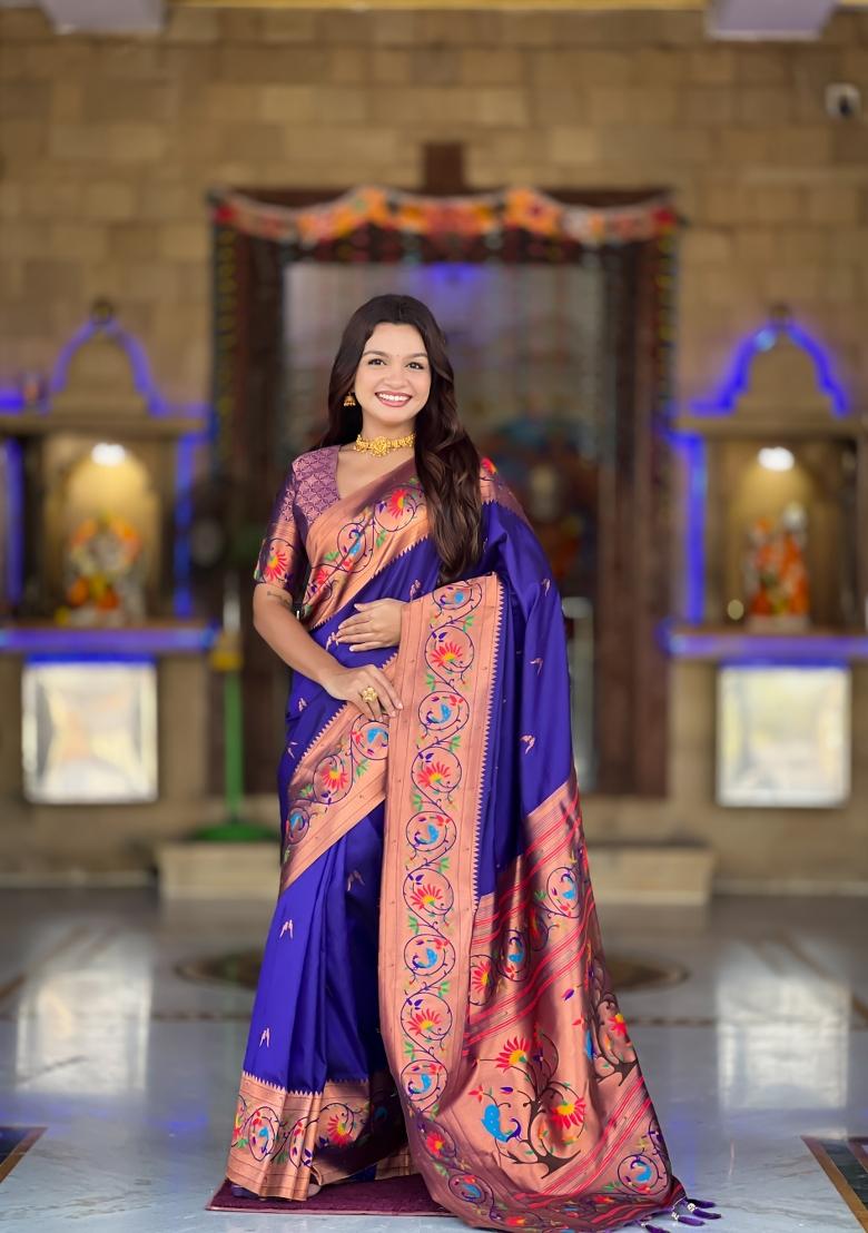 Violet Zari Work Banarasi Saree Set - Indya