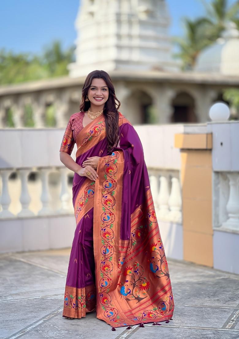 Wine Zari Work Banarasi Saree Set - Indya