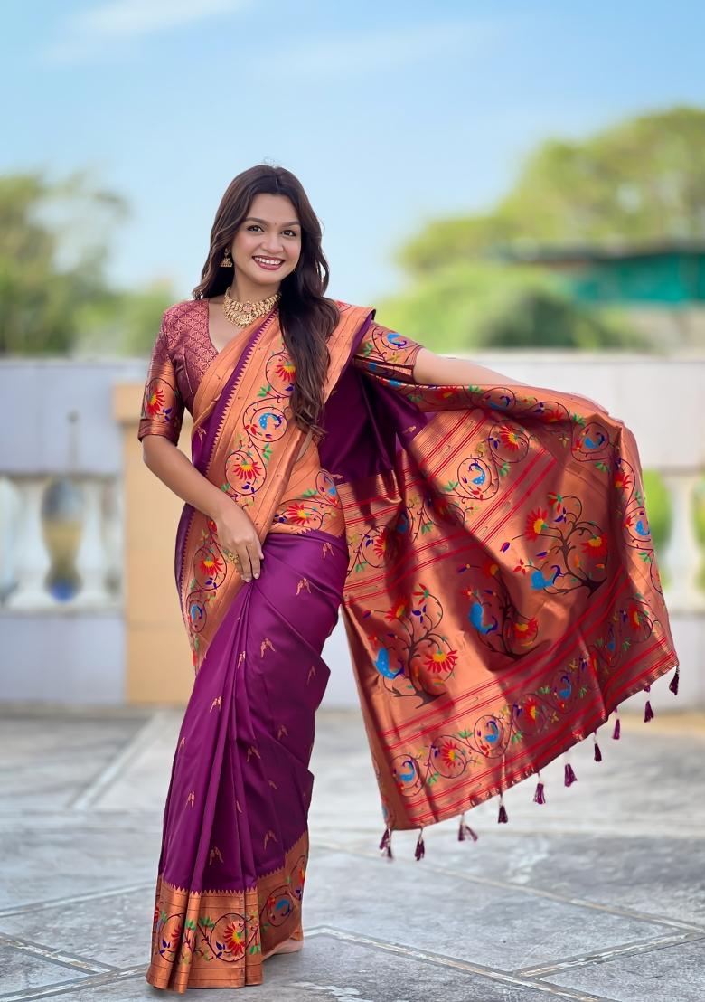 Wine Zari Work Banarasi Saree Set - Indya