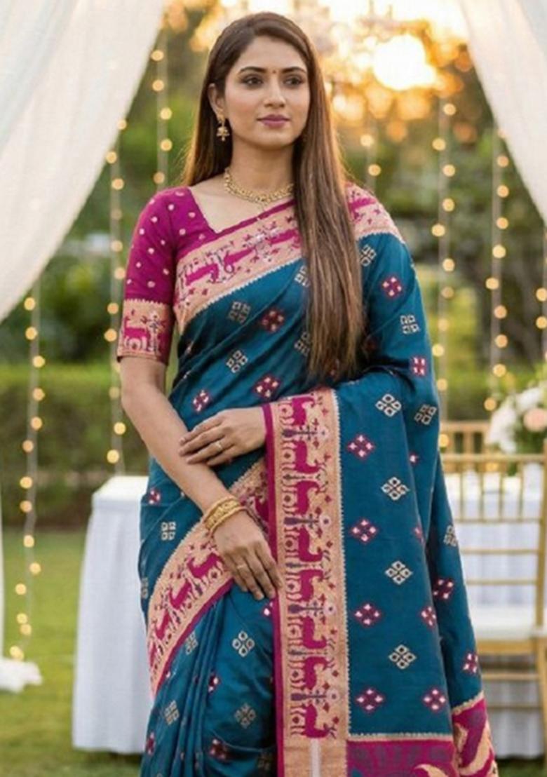 Teal Zari Work Banarasi Saree Set - Indya