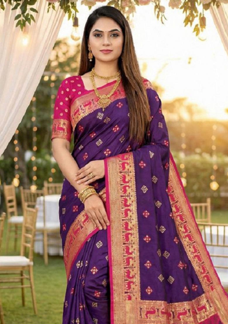 Purple Zari Work Banarasi Saree Set - Indya