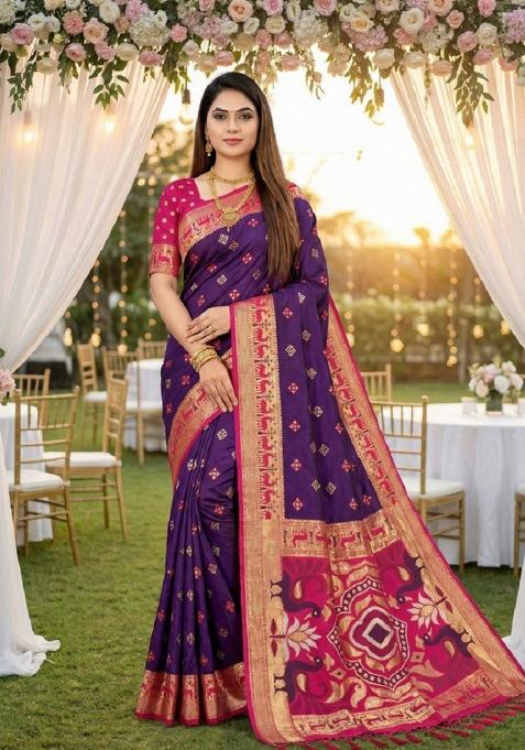Purple Zari Work Banarasi Saree Set