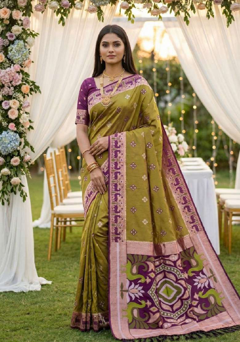 Mustard Banarasi Saree Set with Zari Work for Diwali | Wedding & Festive Wear - Indya