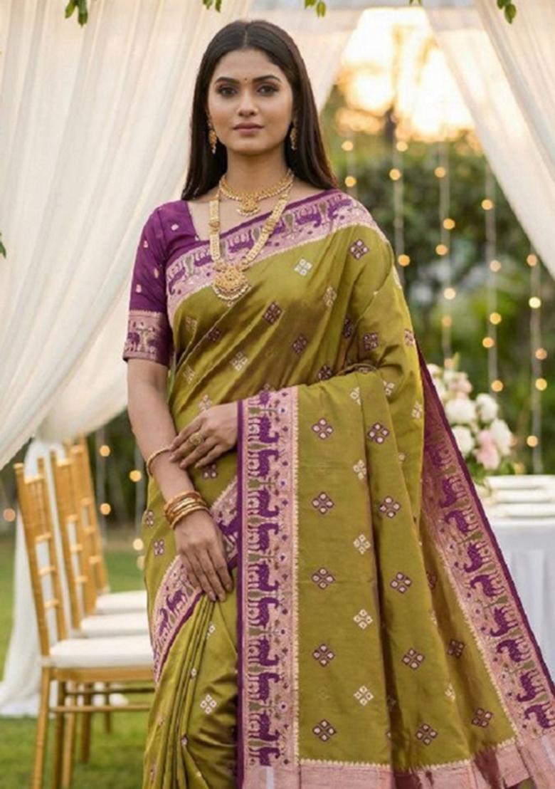 Mustard Zari Work Banarasi Saree Set - Indya
