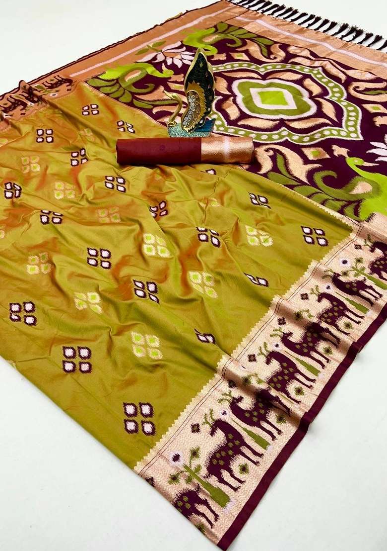 Mustard Banarasi Saree Set with Zari Work for Diwali | Wedding & Festive Wear - Indya