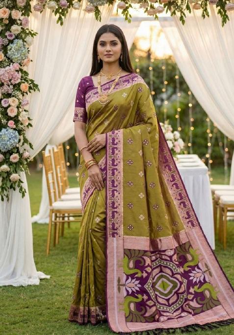 Mustard Zari Work Banarasi Saree Set