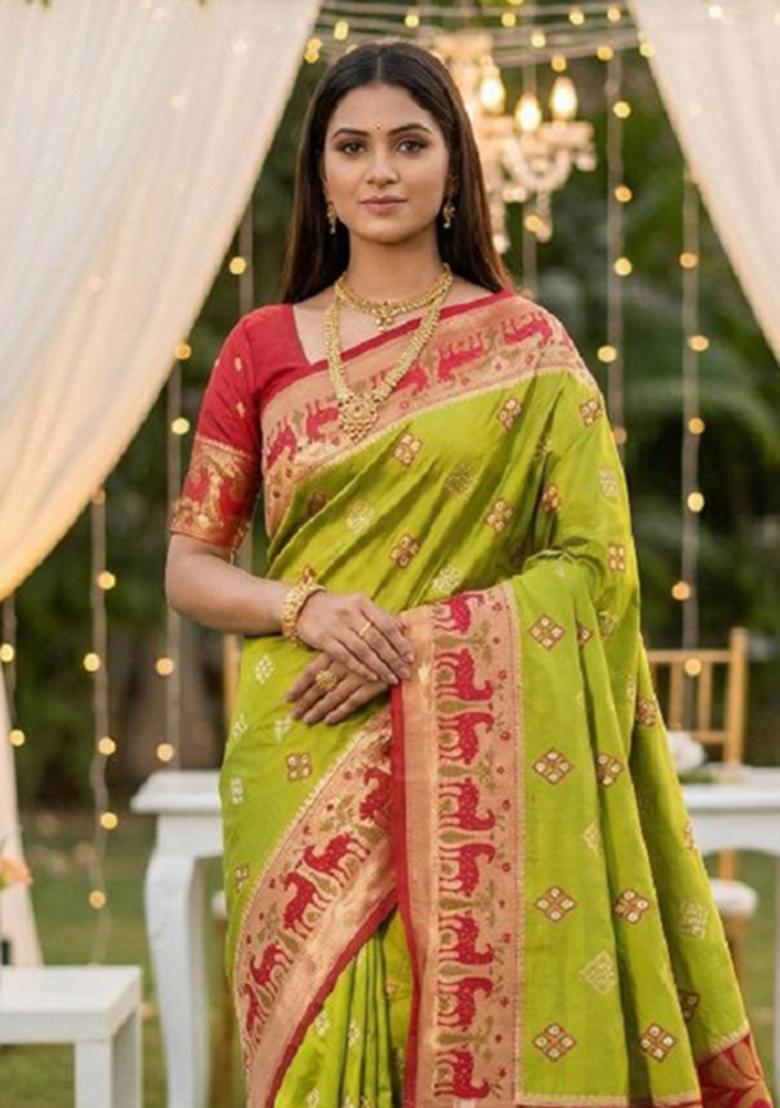 Parrot Green Zari Work Banarasi Saree Set - Indya
