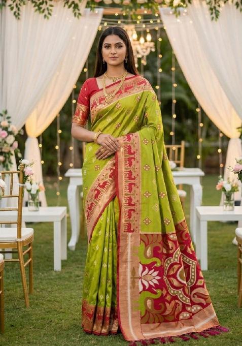 Parrot Green Zari Work Banarasi Saree Set