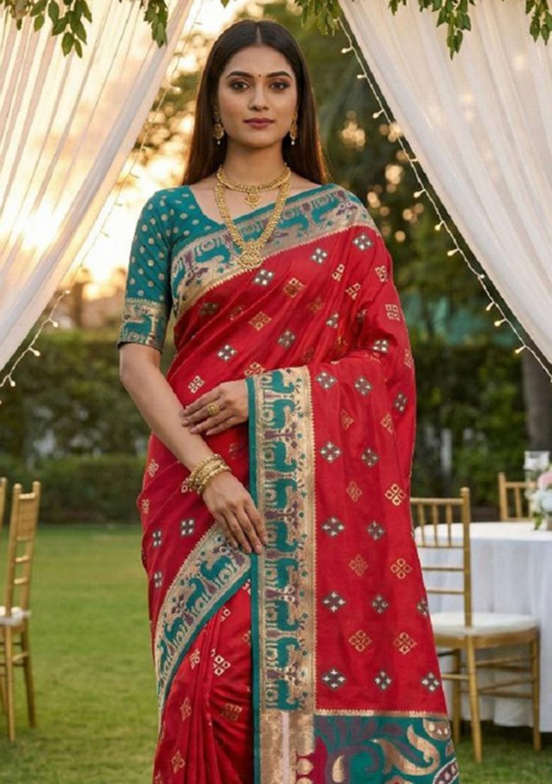 Pink Zari Work Banarasi Saree Set - Indya