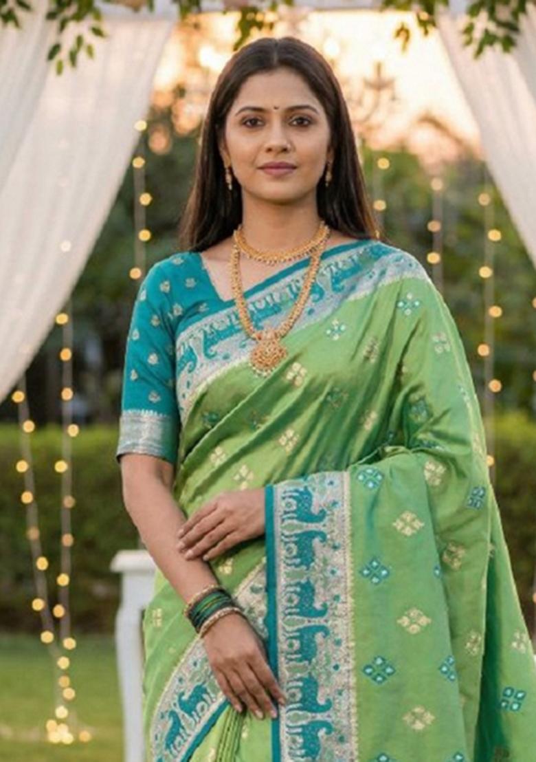 Light Green Zari Work Banarasi Saree Set - Indya