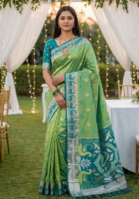 Light Green Zari Work Banarasi Saree Set