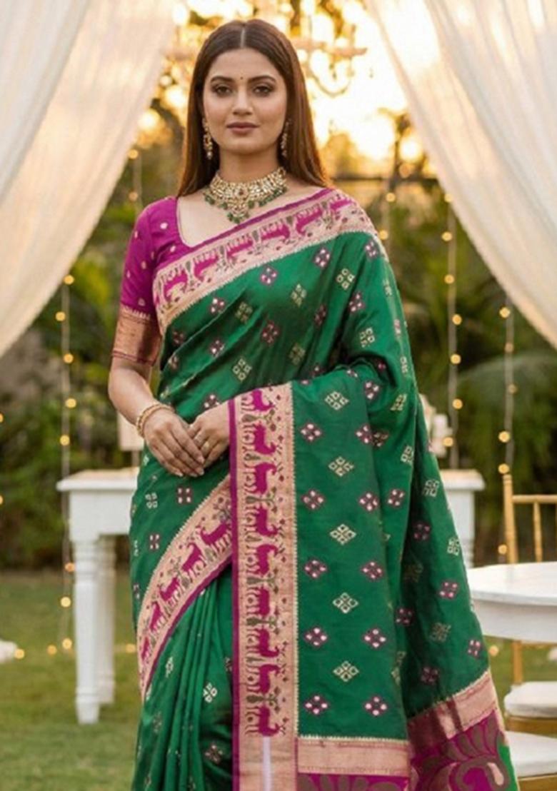 Sea Green Zari Work Banarasi Saree Set - Indya
