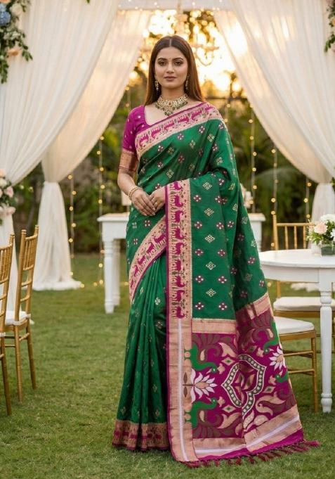 Sea Green Zari Work Banarasi Saree Set — view on Indya
