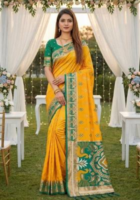 Yellow Zari Work Banarasi Saree Set