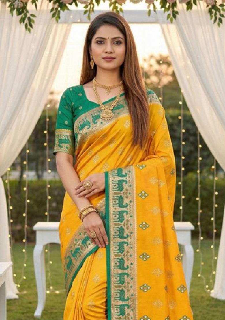 Yellow Zari Work Banarasi Saree Set - Indya