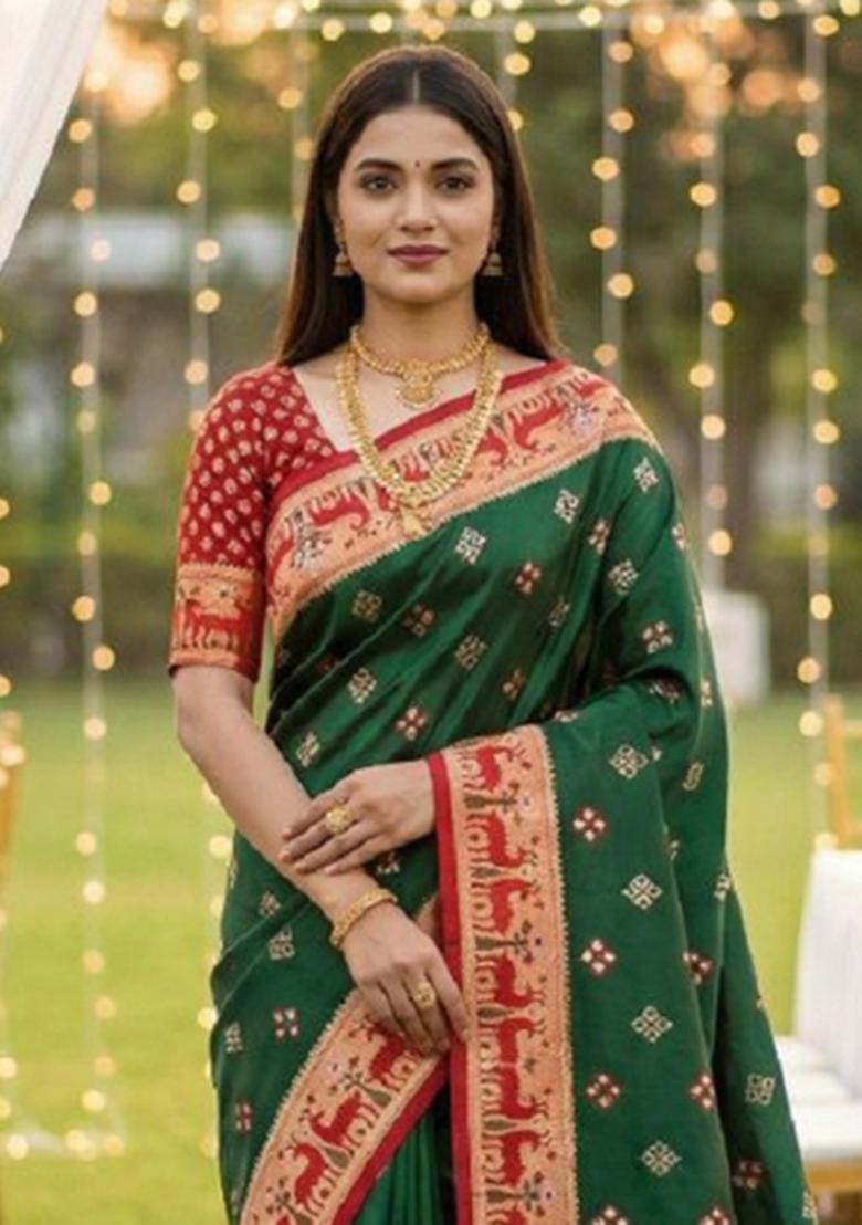 Green Zari Work Banarasi Saree Set - Indya