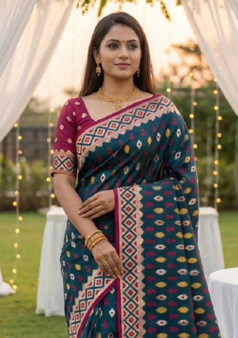 Teal Zari Work Banarasi Saree Set - Indya