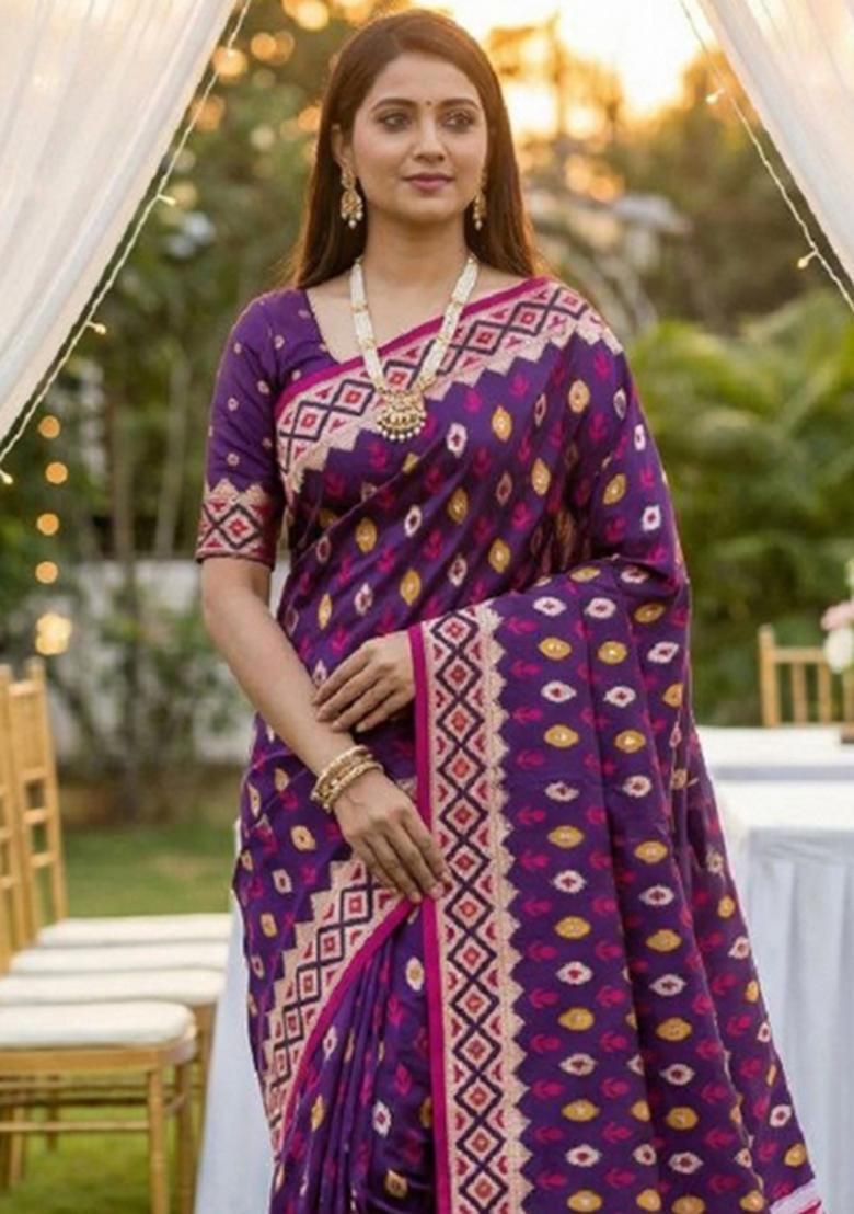 Purple Zari Work Banarasi Saree Set - Indya