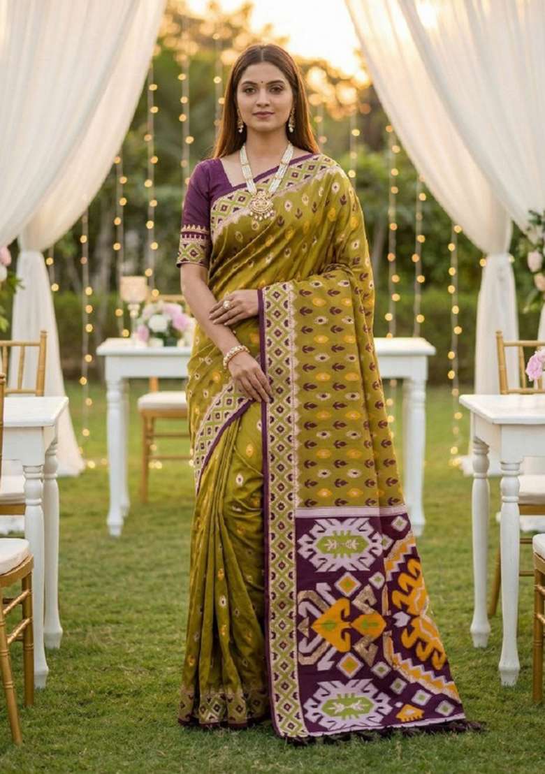 Mustard Banarasi Saree Set with Zari Work for Diwali | Wedding & Festive Wear - Indya