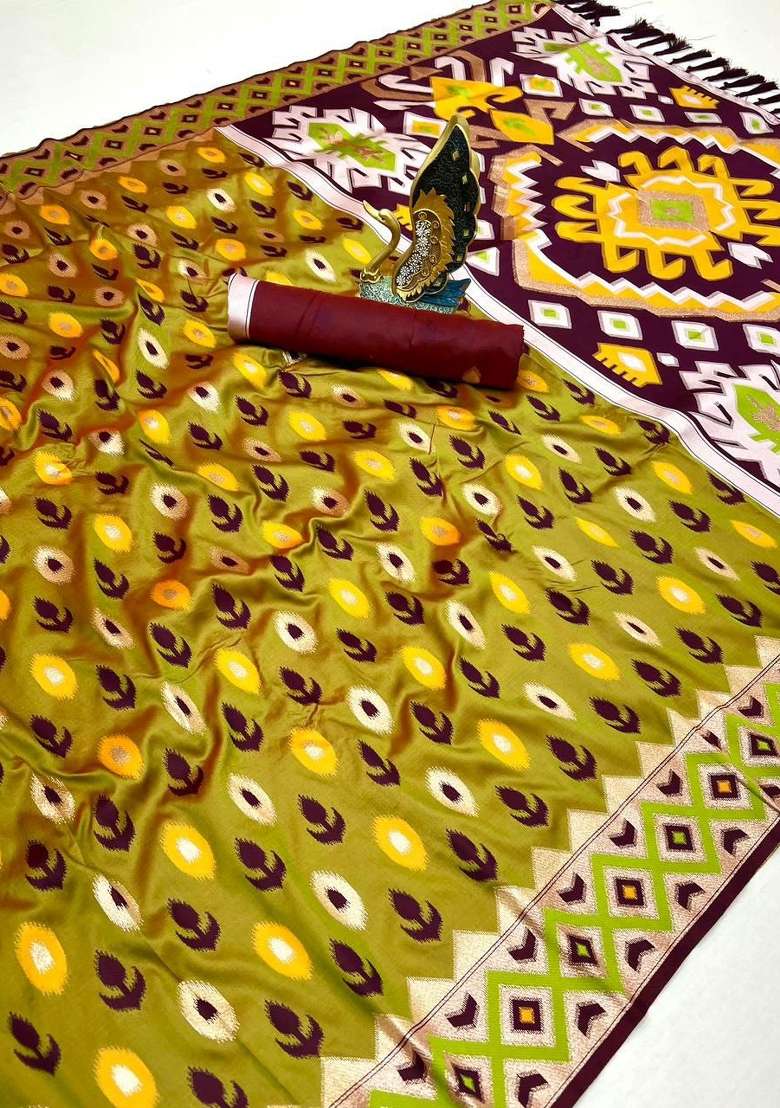 Mustard Banarasi Saree Set with Zari Work for Diwali | Wedding & Festive Wear - Indya