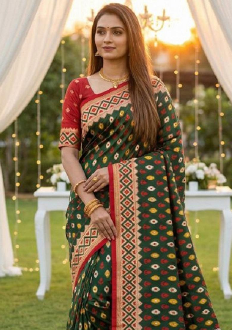 Dark Green Zari Work Banarasi Saree Set - Indya