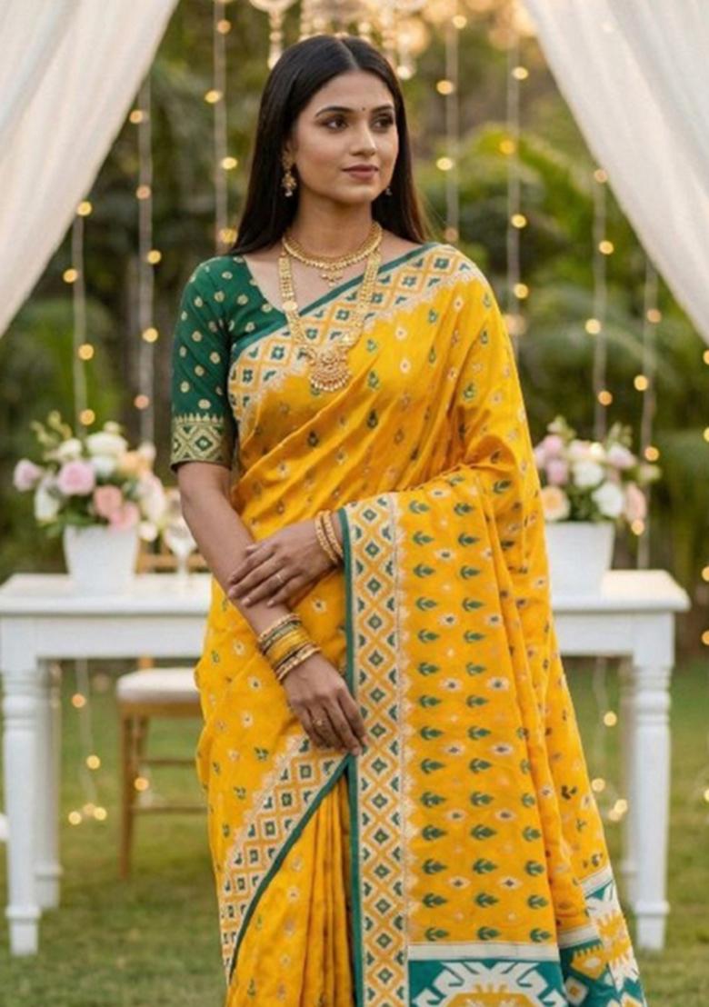 Yellow Zari Work Banarasi Saree Set - Indya