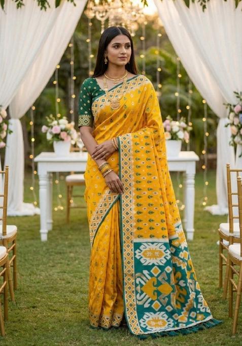 Yellow Zari Work Banarasi Saree Set