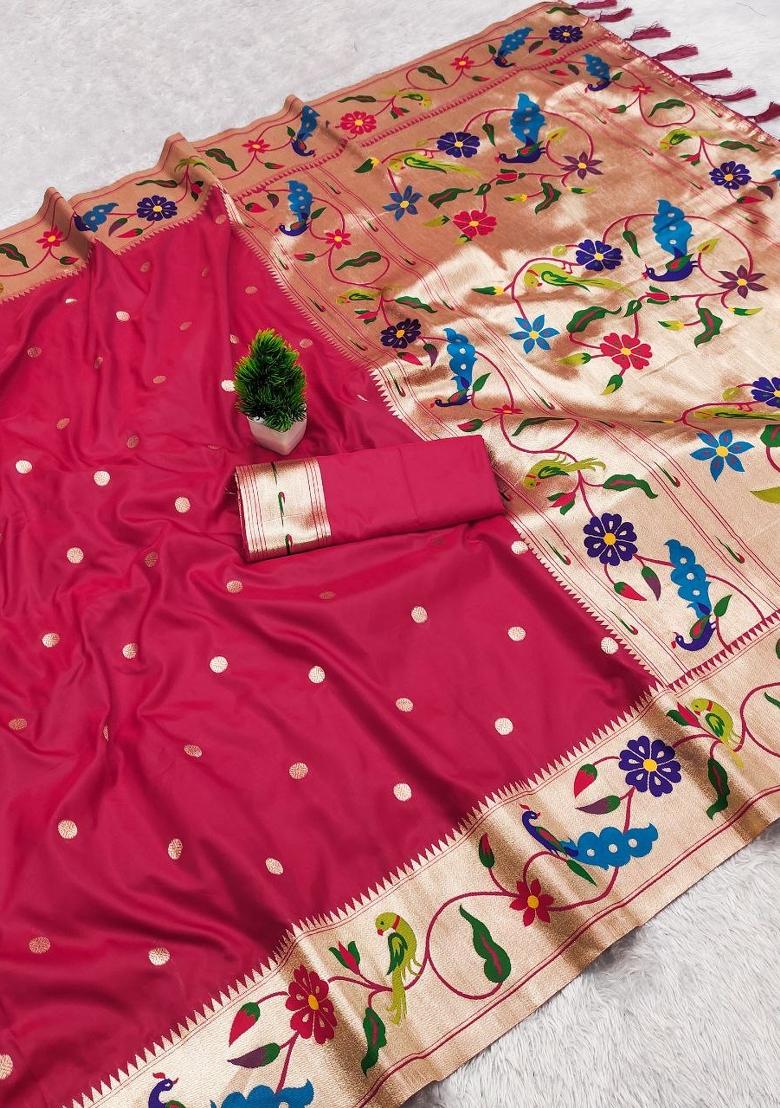 Pink Zari Work Banarasi Saree Set - Indya