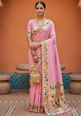 Baby Pink Zari Work Banarasi Saree Set