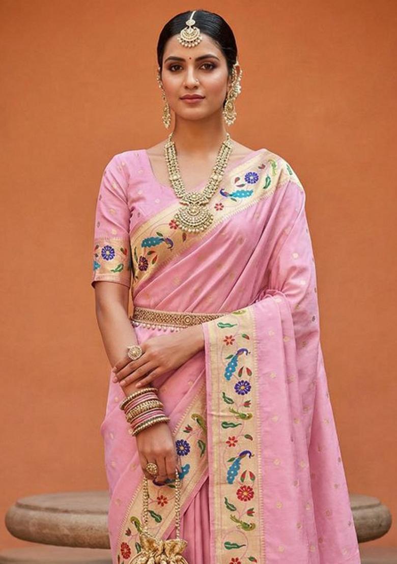 Baby Pink Zari Work Banarasi Saree Set - Indya