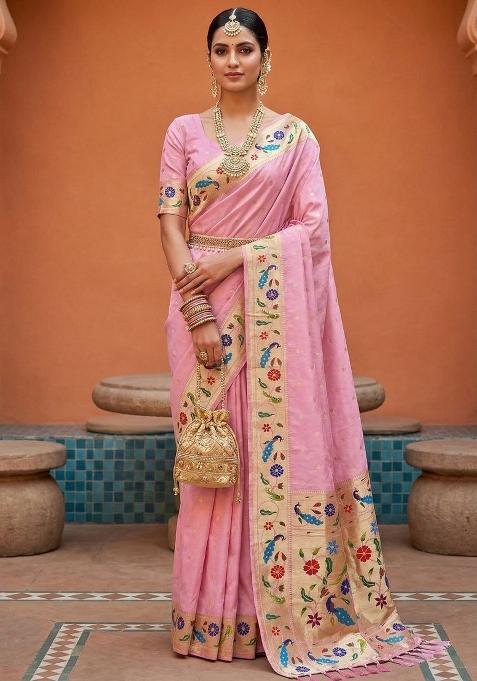 Baby Pink Zari Work Banarasi Saree Set