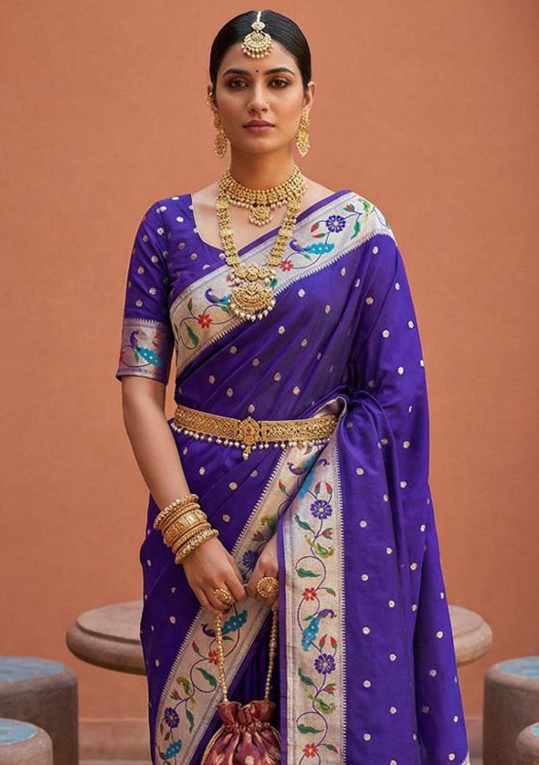 Violet Zari Work Banarasi Saree Set - Indya