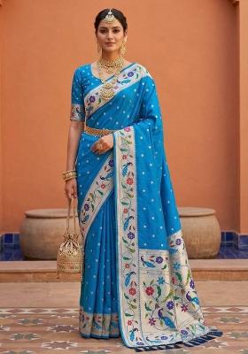 Teal Zari Work Banarasi Saree Set