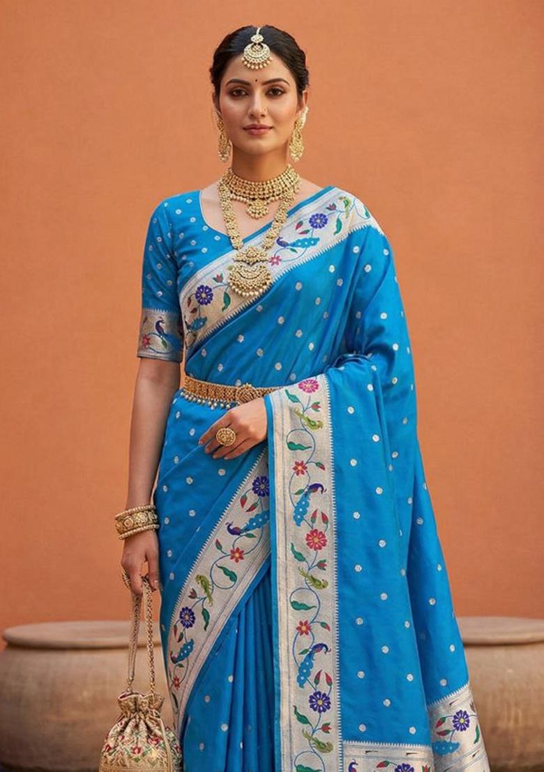 Teal Zari Work Banarasi Saree Set - Indya
