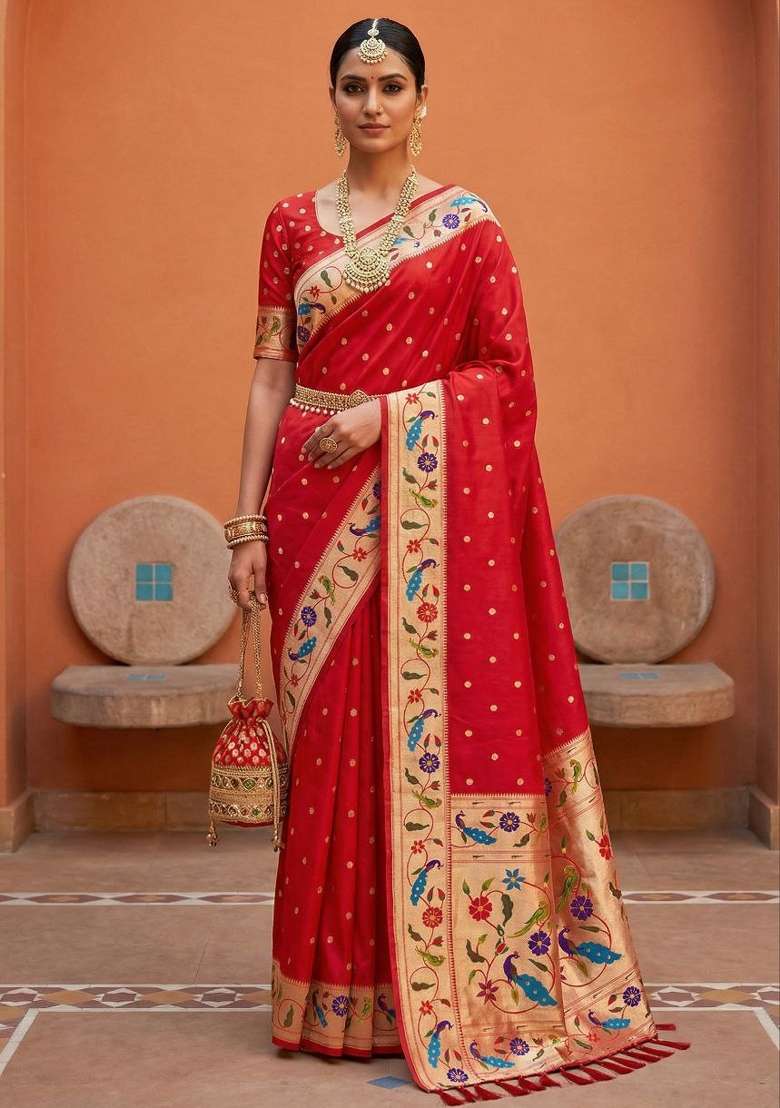 Red Banarasi Saree Set with Zari Work for Diwali | Wedding & Festive Wear - Indya