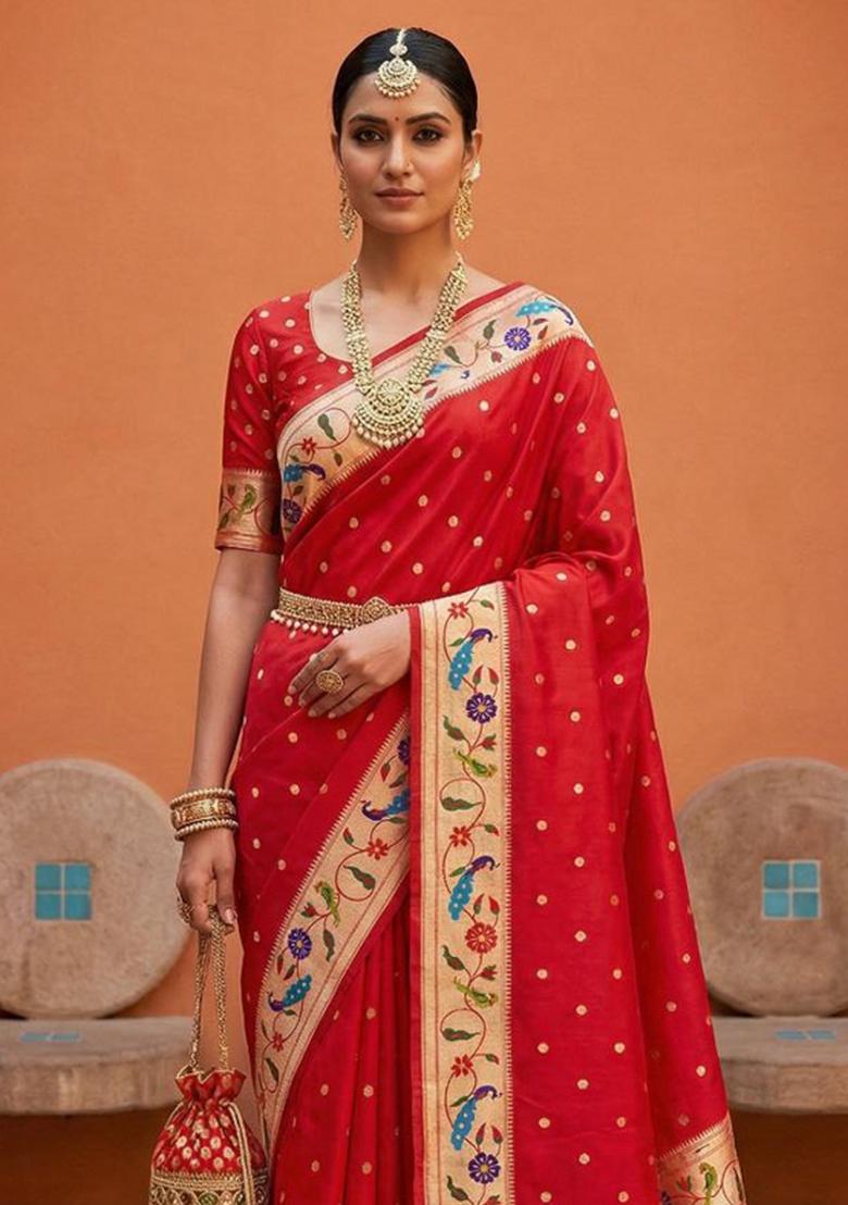 Red Zari Work Banarasi Saree Set - Indya