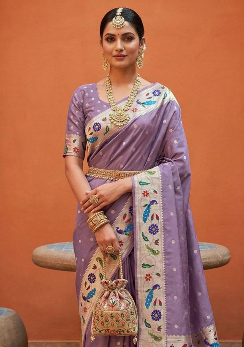 Lavender Zari Work Banarasi Saree Set - Indya