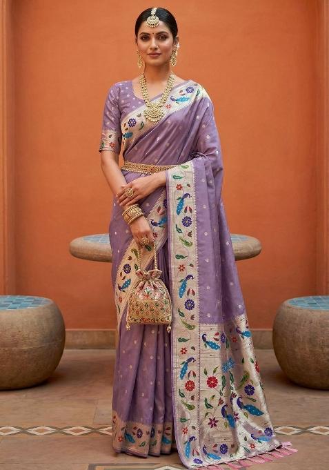 Lavender Zari Work Banarasi Saree Set
