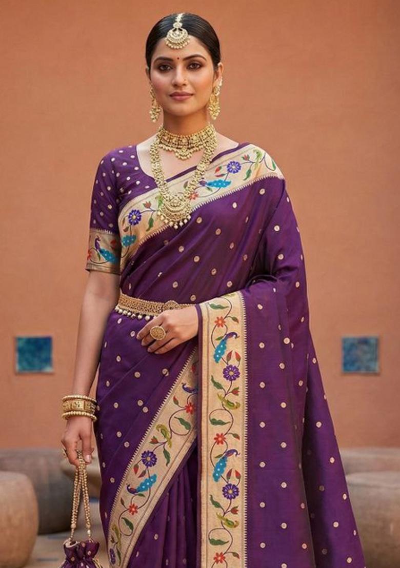 Wine Zari Work Banarasi Saree Set - Indya