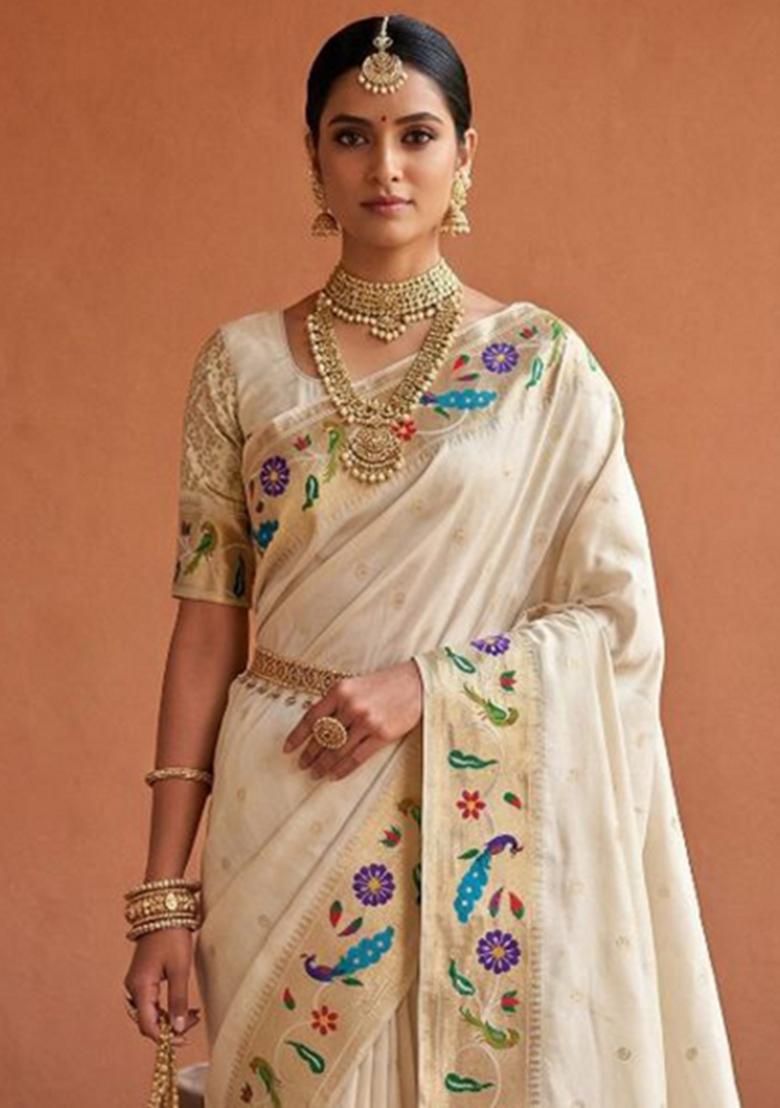 White Zari Work Banarasi Saree Set - Indya