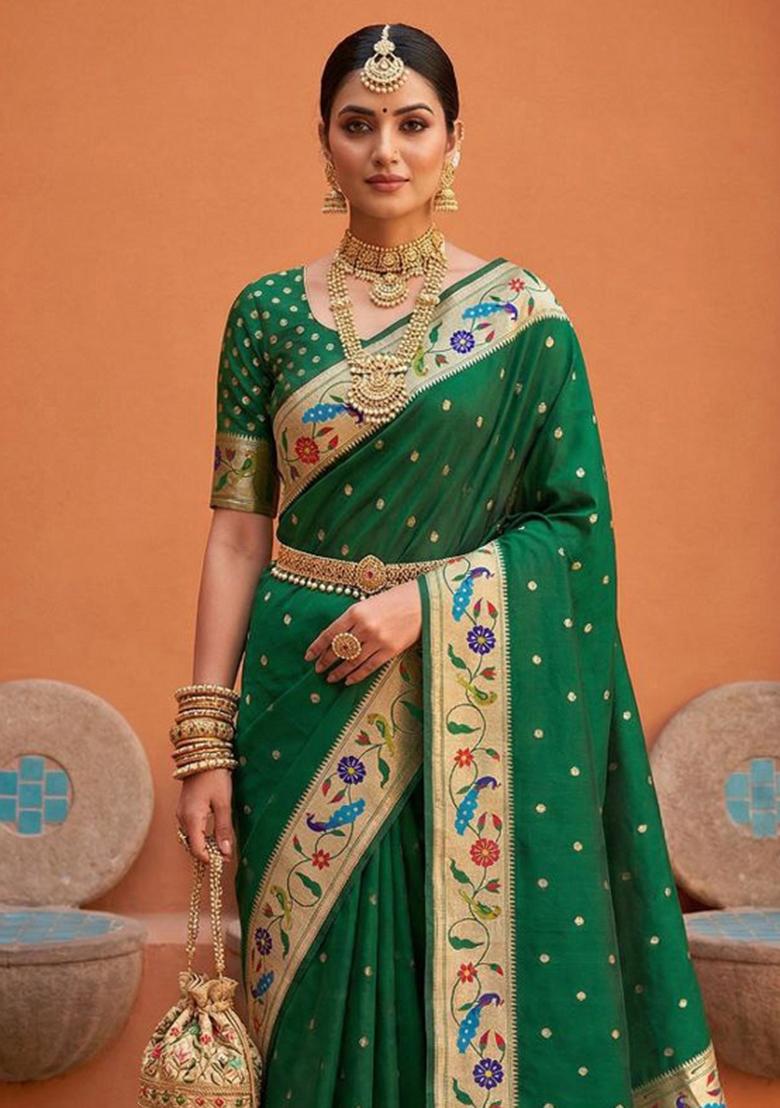 Green Zari Work Banarasi Saree Set - Indya