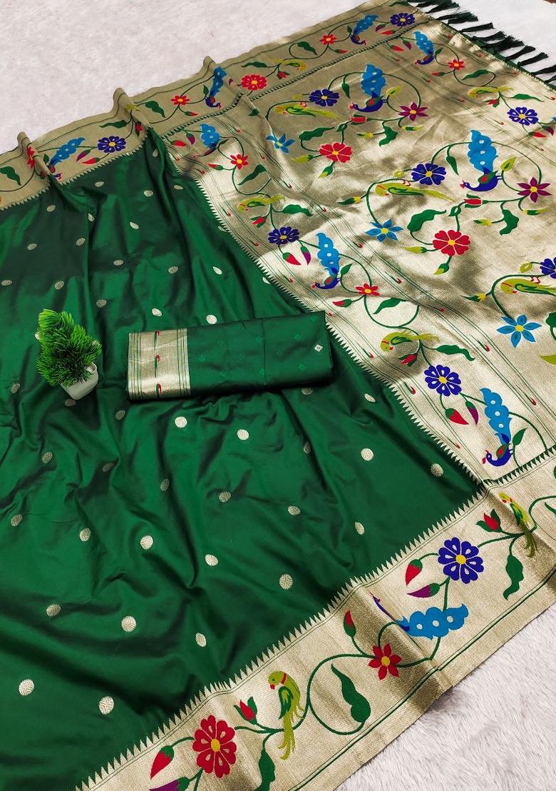 Green Zari Work Banarasi Saree Set - Indya