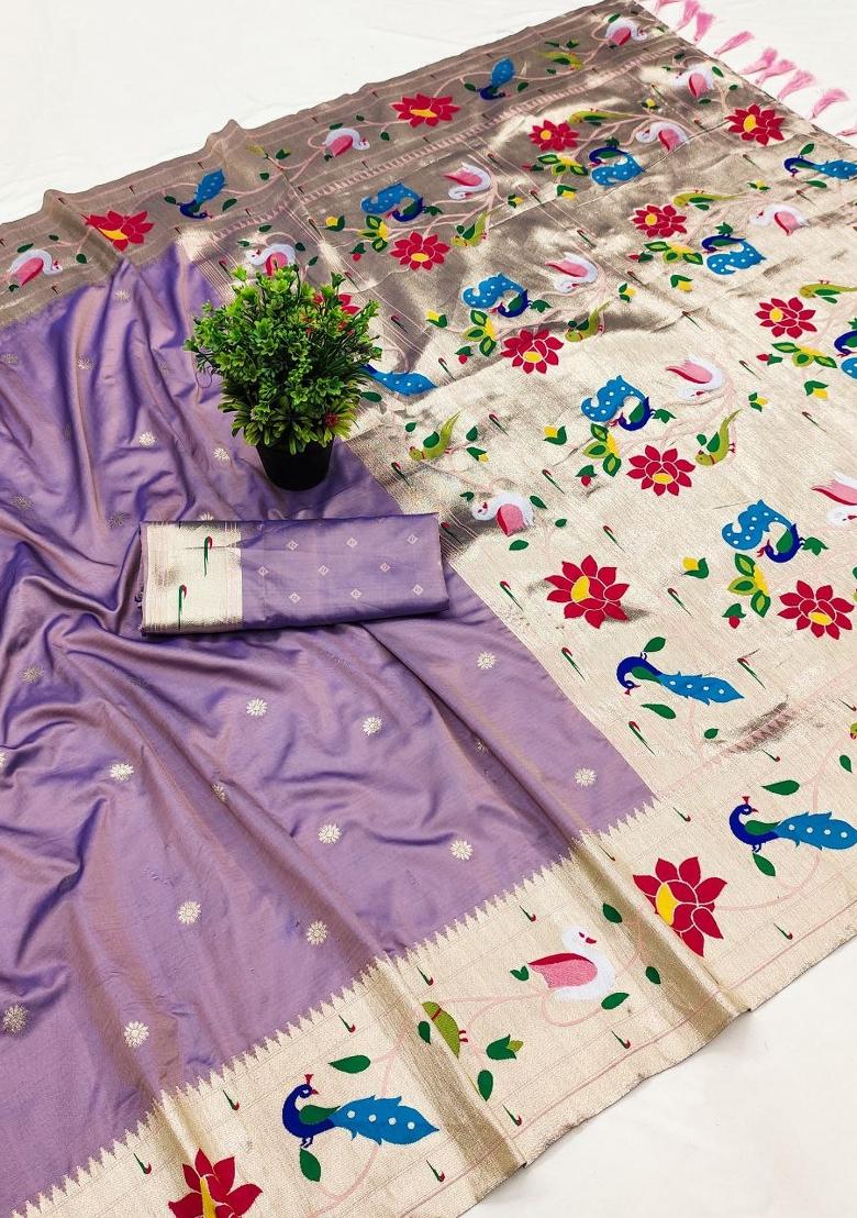 Lavender Zari Work Banarasi Saree Set - Indya