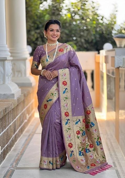 Lavender Zari Work Banarasi Saree Set