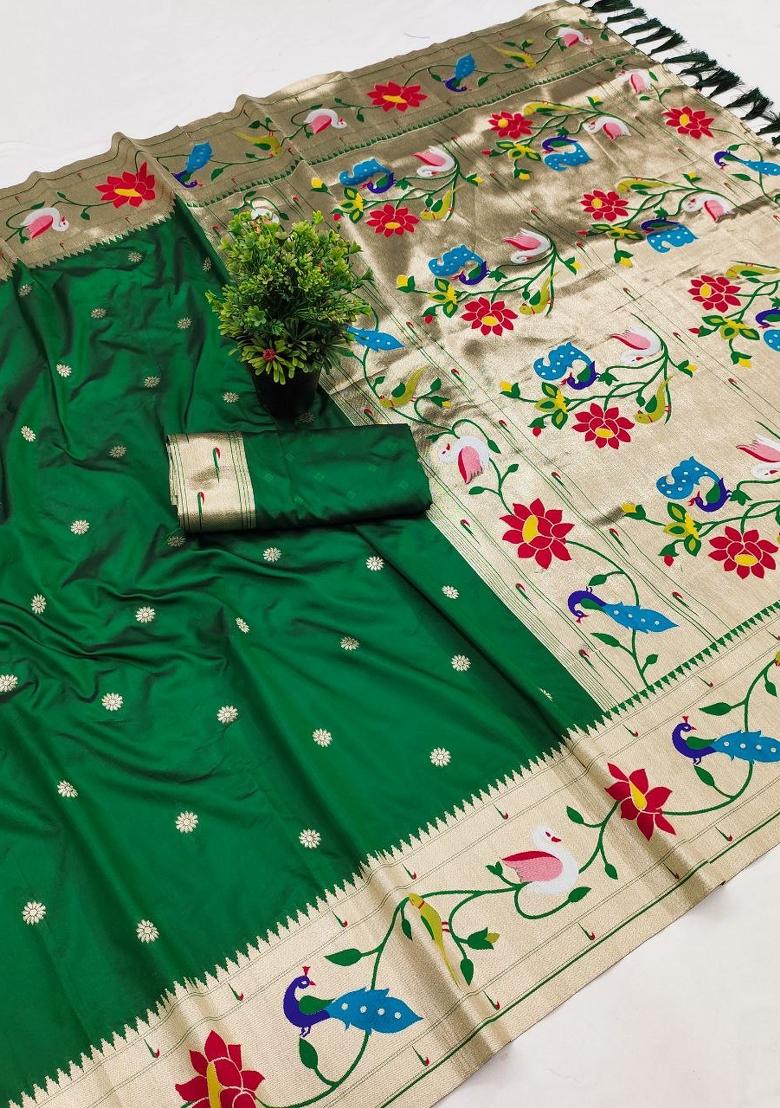 Green Zari Work Banarasi Saree Set - Indya
